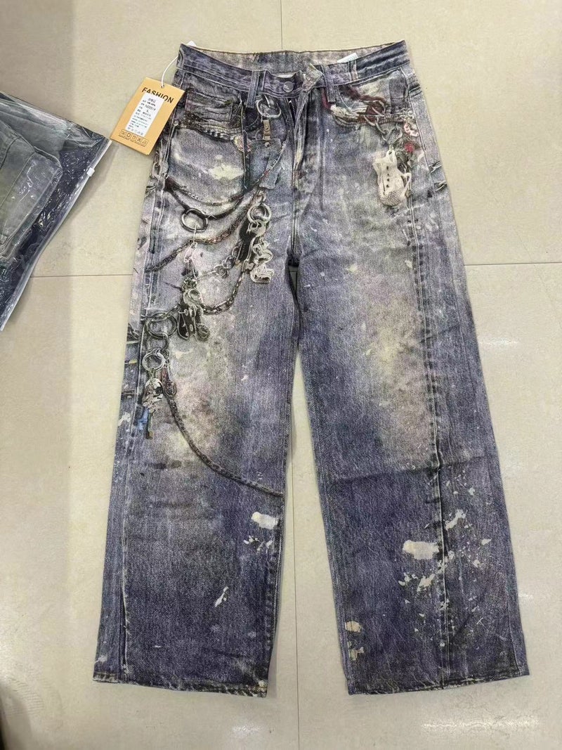 24 صناعة ثقيلة طباعة بصرية ثلاثية الأبعاد علامة تجارية عصرية أسلوب الشارع جينز مستقيم للرجال والنساء - Image 4